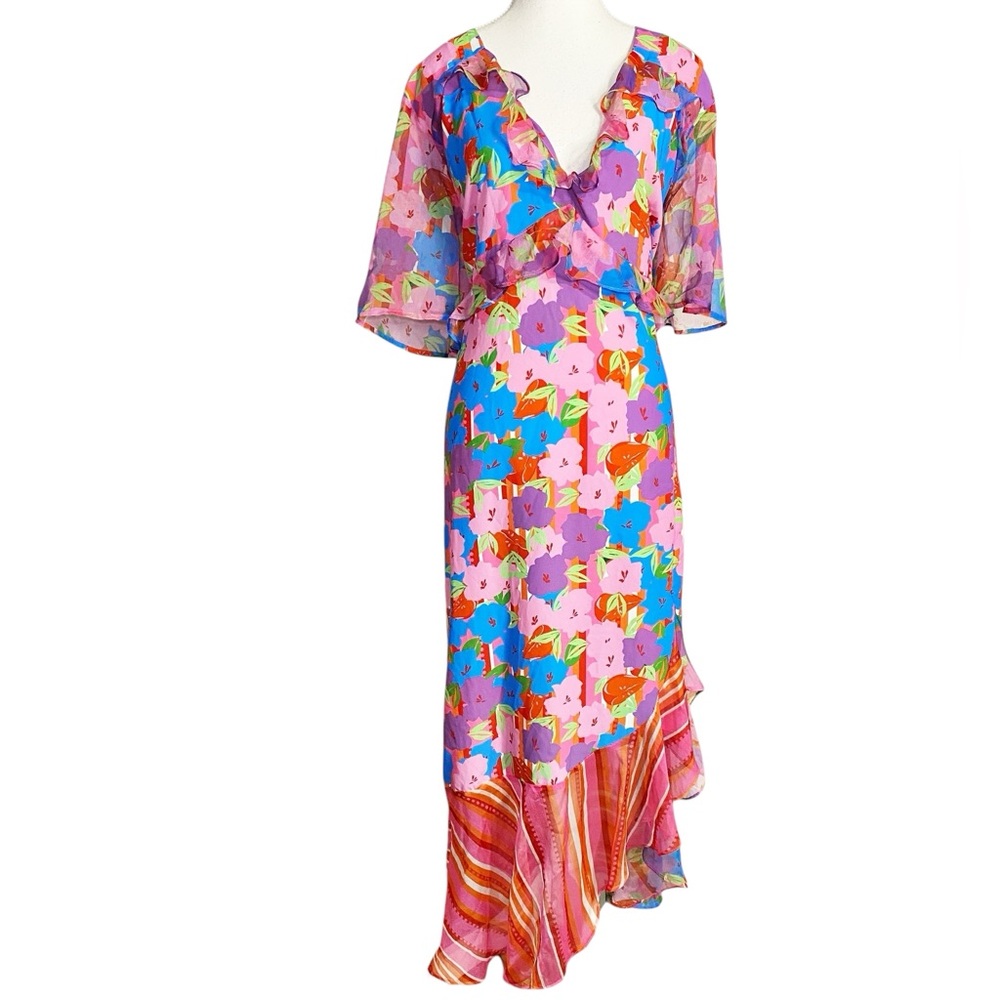 Never Fully Dressed Vibrant Floral  & Stripes Asymmetrical Dress